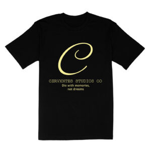 Camiseta negra Cervxntes Studio con logo y lema dorado